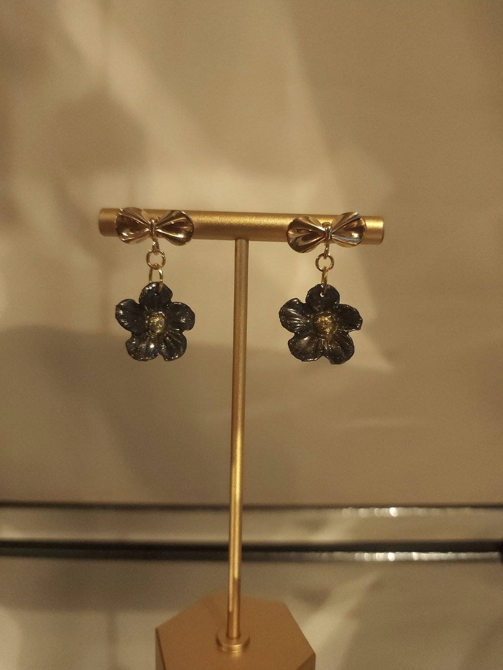 24k Gold-Plated Bow Drop Earrings with Flower Charm - Handmade Hypoallergenic